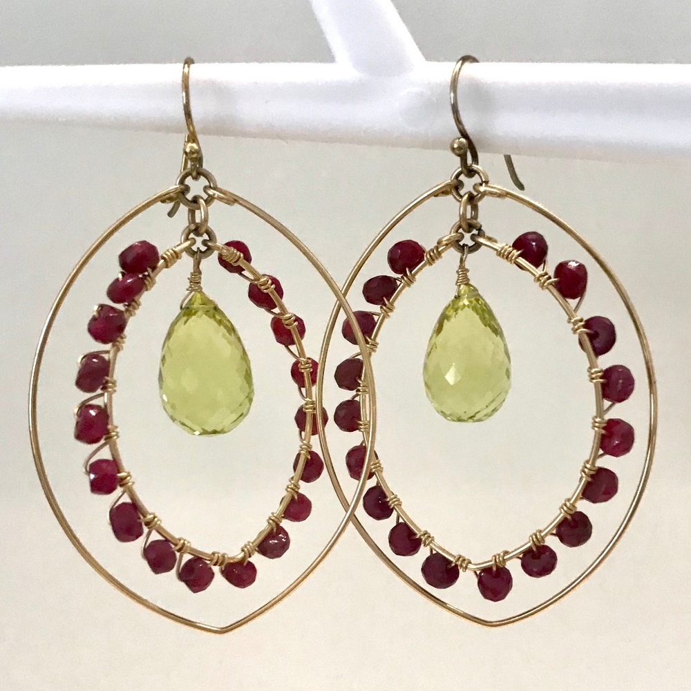 Briolette Gemstone Dangle Hoops w/Beaded Detail